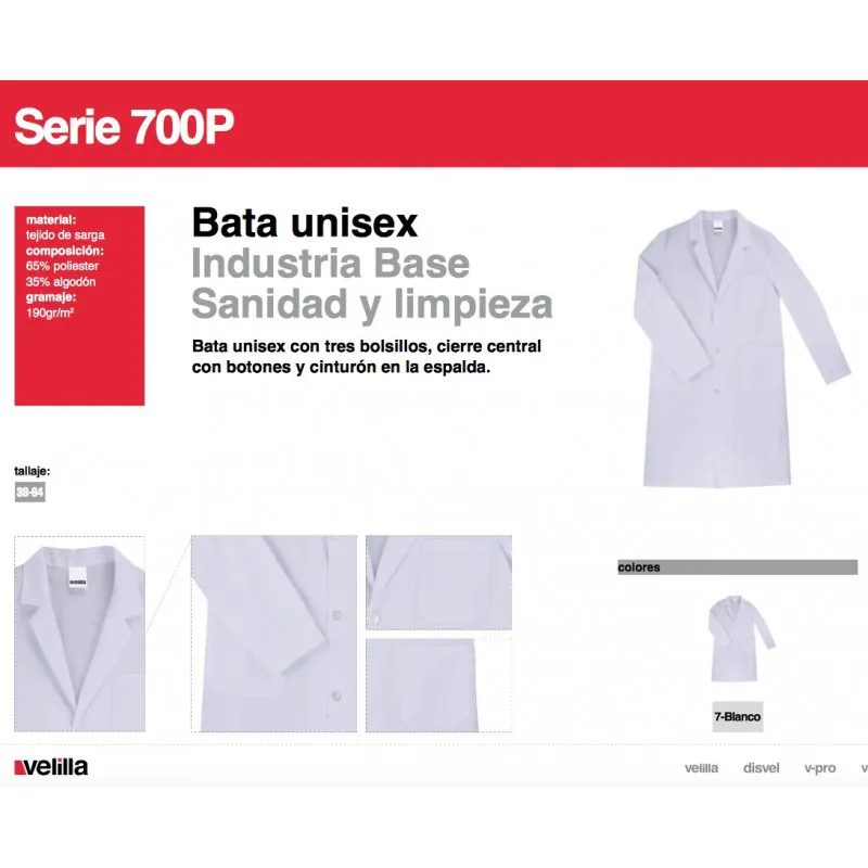 BATA DE LABORATORIO BáSICA UNISEX BLANCA  VELILLA