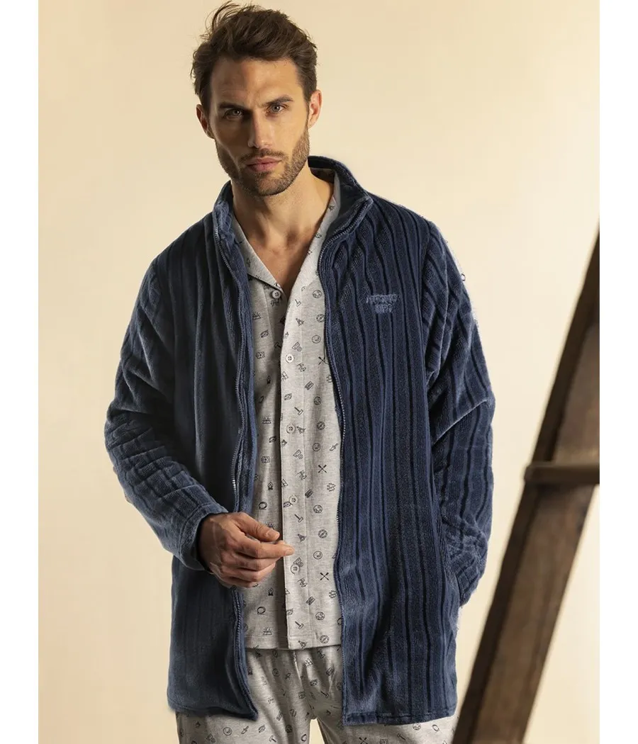 Bata hombre invierno ANTONIO MIRÓ Night azul Jacquard coralina cremallera bolsillos