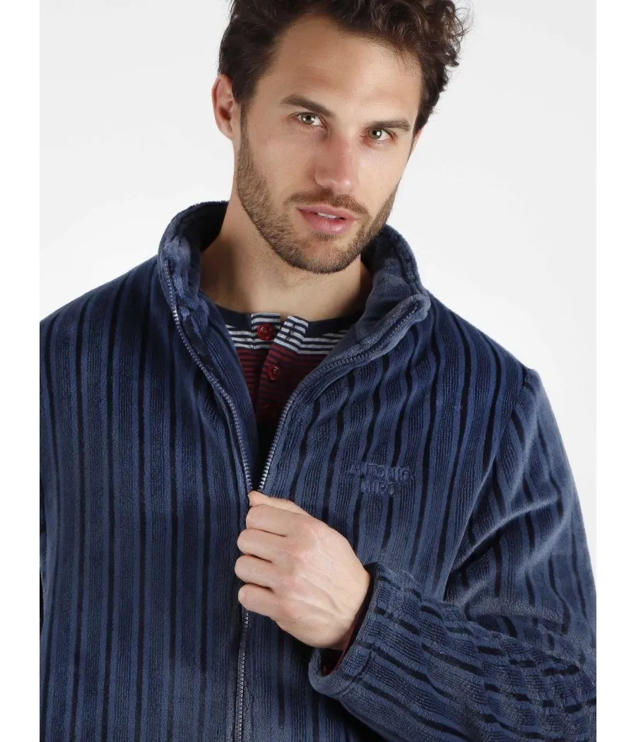 Bata hombre invierno ANTONIO MIRÓ Night azul Jacquard coralina cremallera bolsillos