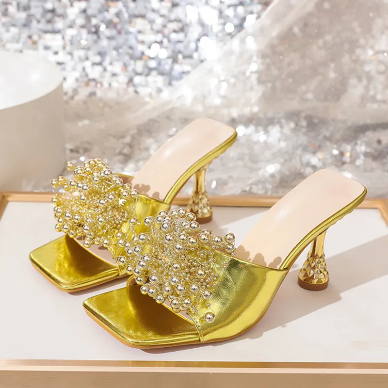 Liyke Fashion Design Pearl Women Slippers Sandals acogedoras de cuero de cuero tacones de mulas de la playa Summer Beach Party Z