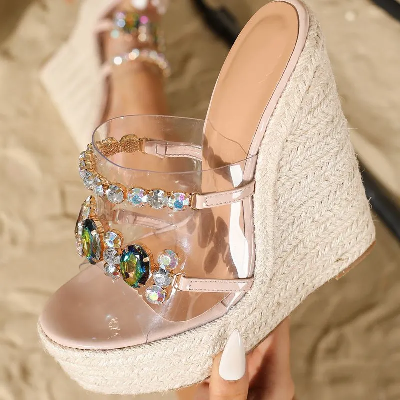 Liyke PVC Zapatos transparentes para mujeres de 14.7 cm Slippers Sandalias de la cadena de cristal de moda Plataforma de punta a