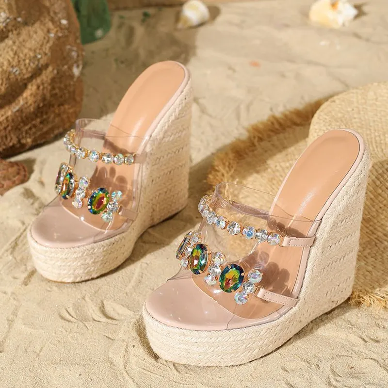Liyke PVC Zapatos transparentes para mujeres de 14.7 cm Slippers Sandalias de la cadena de cristal de moda Plataforma de punta a