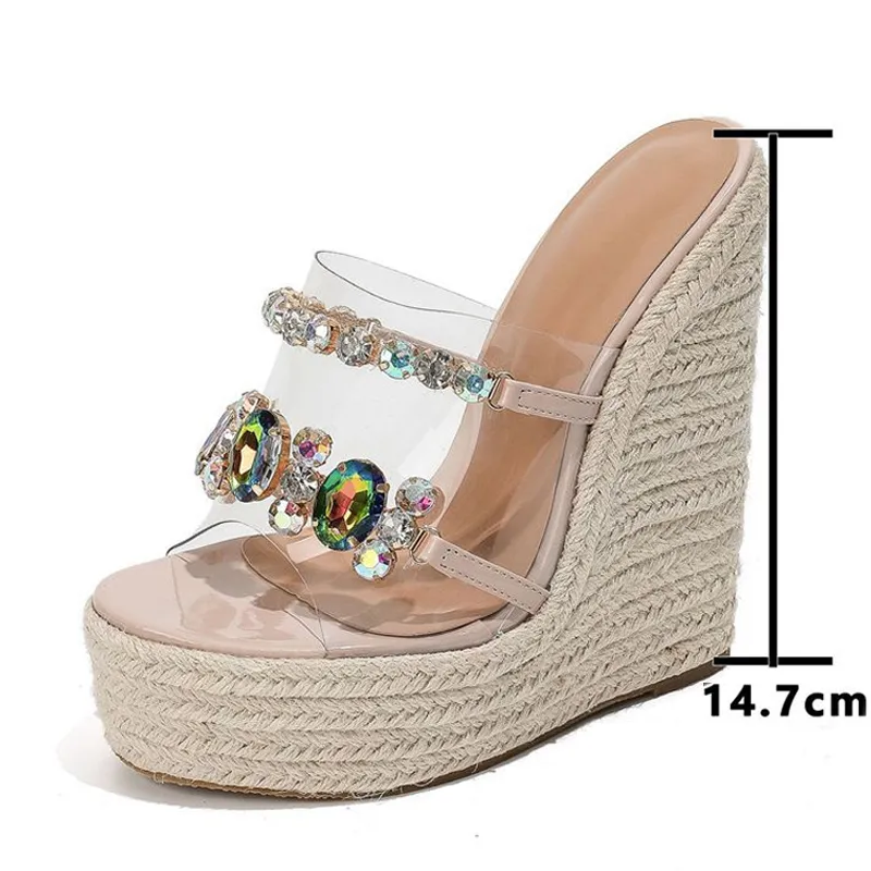 Liyke PVC Zapatos transparentes para mujeres de 14.7 cm Slippers Sandalias de la cadena de cristal de moda Plataforma de punta a