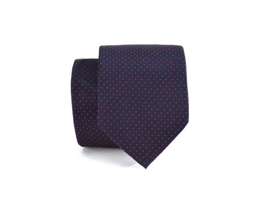 NAVY SILK TIE  RED MICRO DOTS