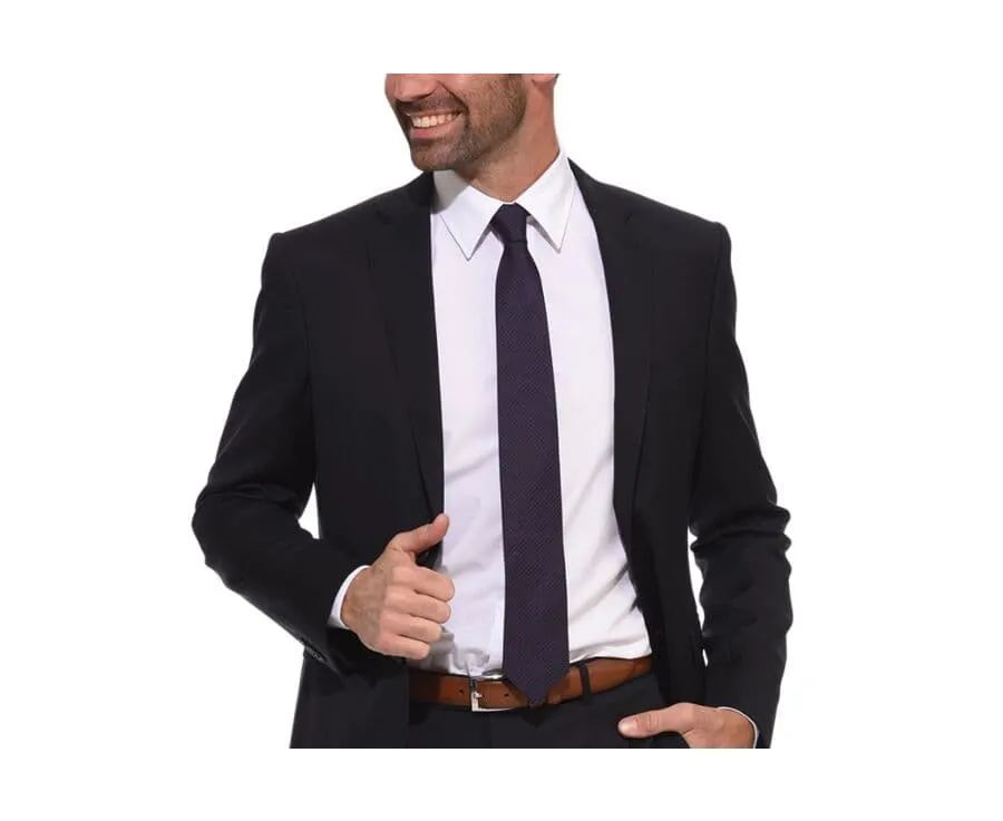NAVY SILK TIE  RED MICRO DOTS