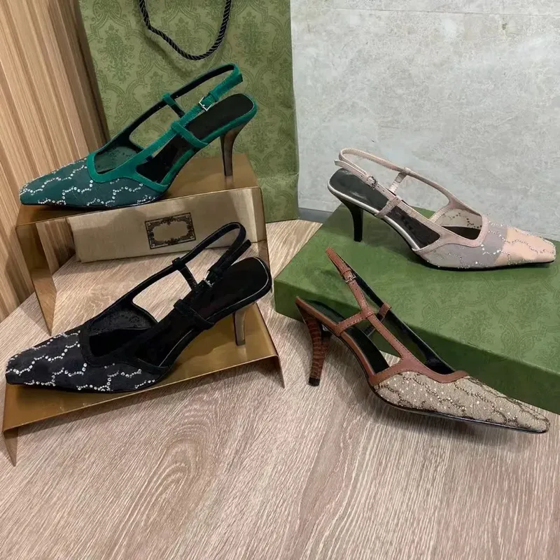 Sandalias de diseñador zapatos de vestir Slingback Luxury Mid Heel Slippers con bombas de estampado de cristal cuadros de diablo