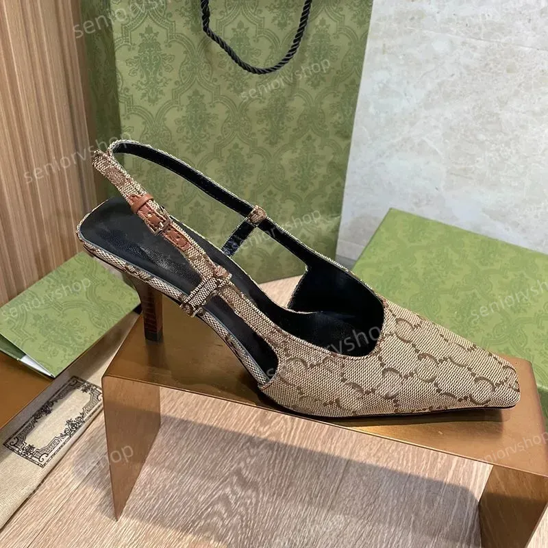 Sandalias de diseñador zapatos de vestir Slingback Luxury Mid Heel Slippers con bombas de estampado de cristal cuadros de diablo