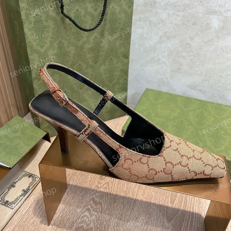 Sandalias de diseñador zapatos de vestir Slingback Luxury Mid Heel Slippers con bombas de estampado de cristal cuadros de diablo