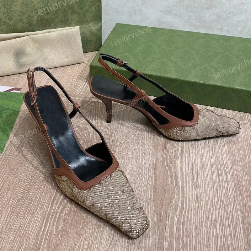 Sandalias de diseñador zapatos de vestir Slingback Luxury Mid Heel Slippers con bombas de estampado de cristal cuadros de diablo
