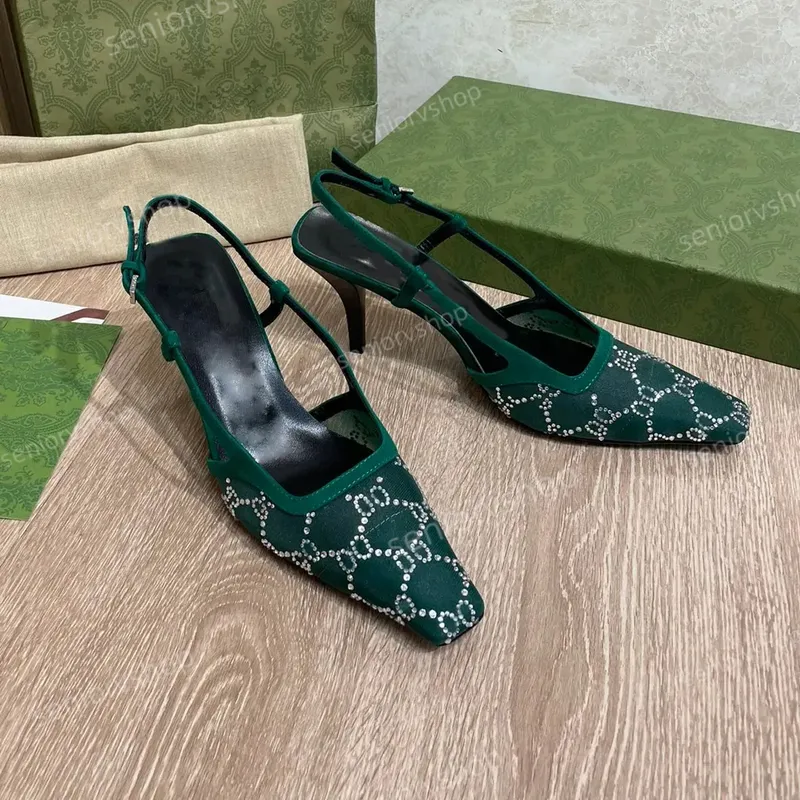 Sandalias de diseñador zapatos de vestir Slingback Luxury Mid Heel Slippers con bombas de estampado de cristal cuadros de diablo