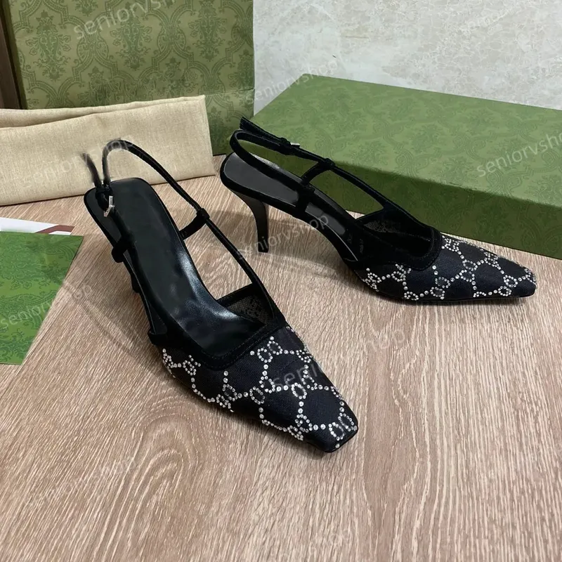 Sandalias de diseñador zapatos de vestir Slingback Luxury Mid Heel Slippers con bombas de estampado de cristal cuadros de diablo