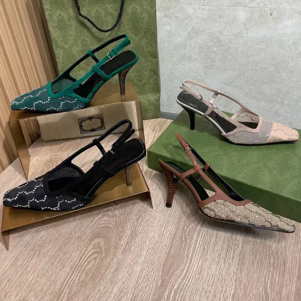 Sandalias de diseñador zapatos de vestir Slingback Luxury Mid Heel Slippers con bombas de estampado de cristal cuadros de diablo
