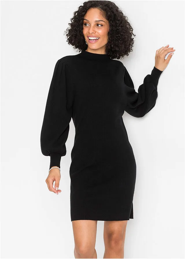 Vestido de punto con mangas de globo Negro
