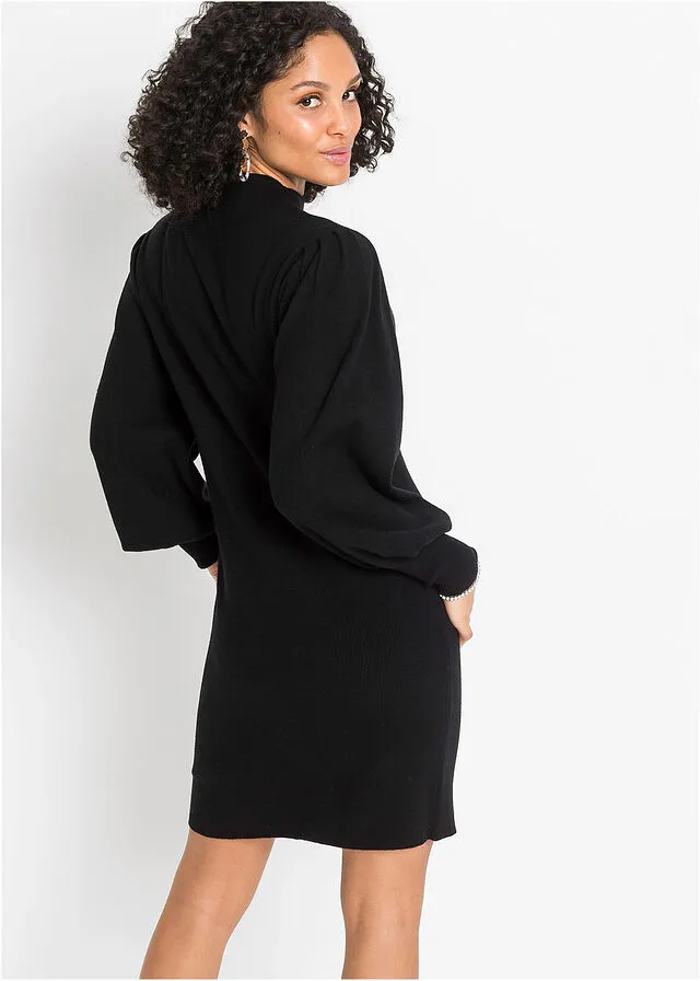 Vestido de punto con mangas de globo Negro