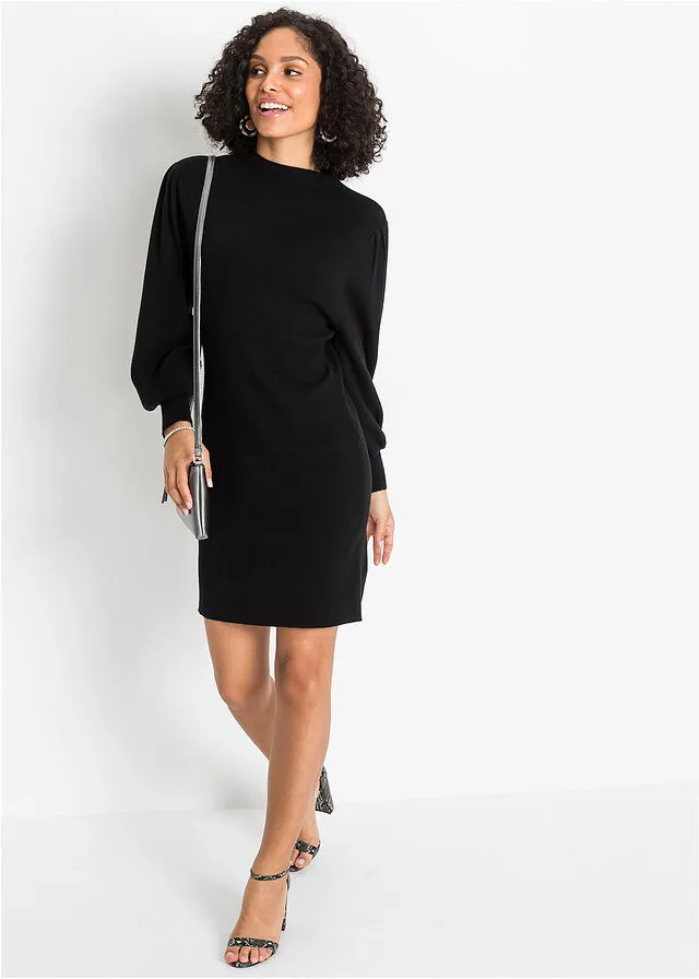Vestido de punto con mangas de globo Negro