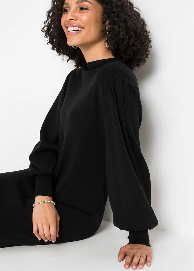 Vestido de punto con mangas de globo Negro