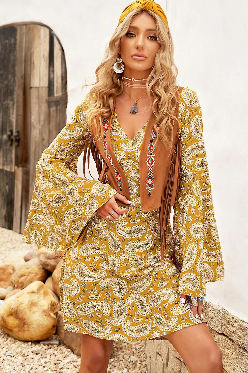 Women's Yellow Bohemian Paisley Print Bell Sleeve Flare Floral Dress